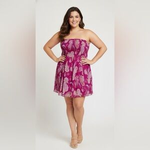 Chaps pink floral strapless mini dress with lining, elastic around the chest, L